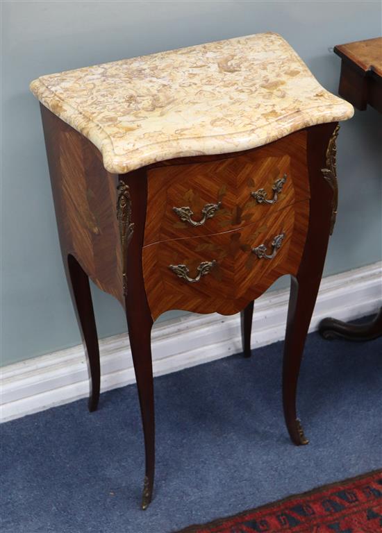 A pair of Louis XVI design kingwood marble top bedside chests H.76cm